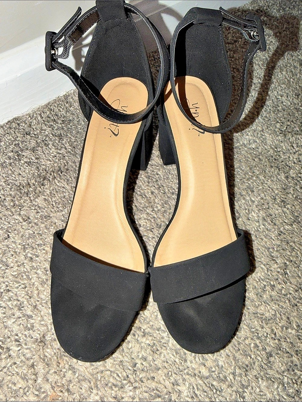 Women’s nude open-toe heels, size 9.
